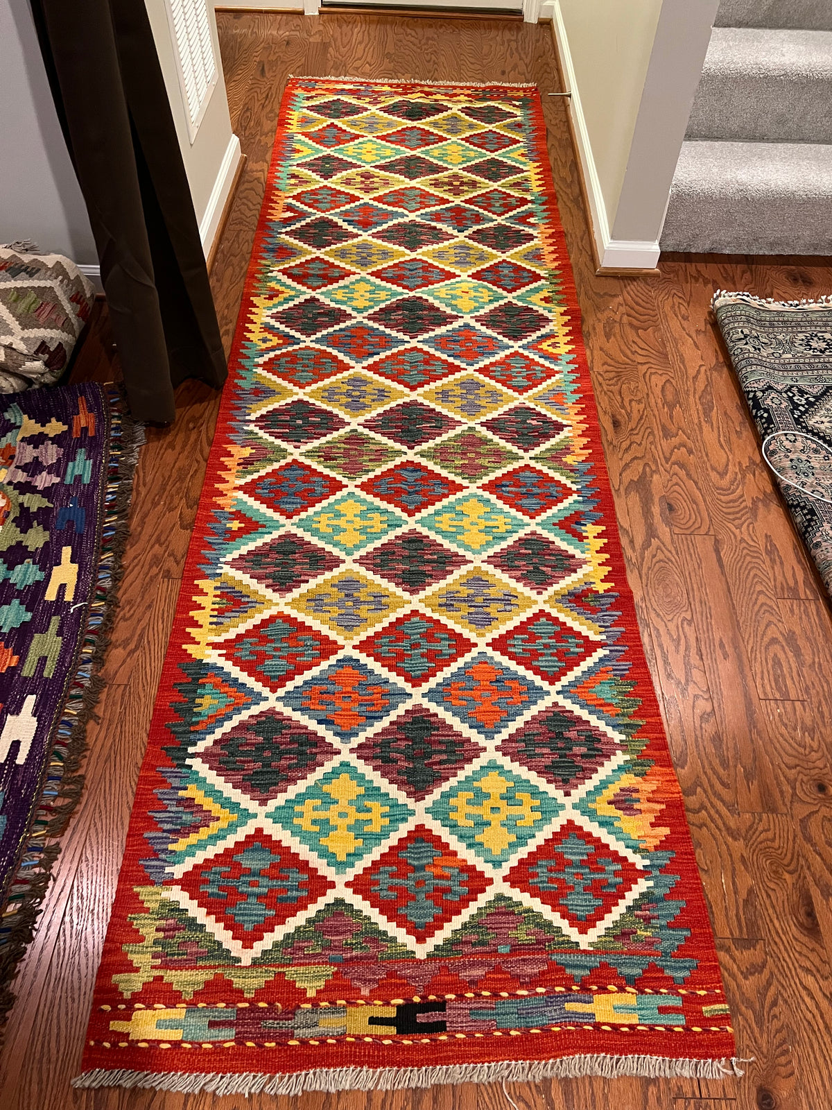 Afghan handwoven tribal runner rug / carpet 10 x 3 FT flatweave 100% wool قالین گلم افغانی اصیل