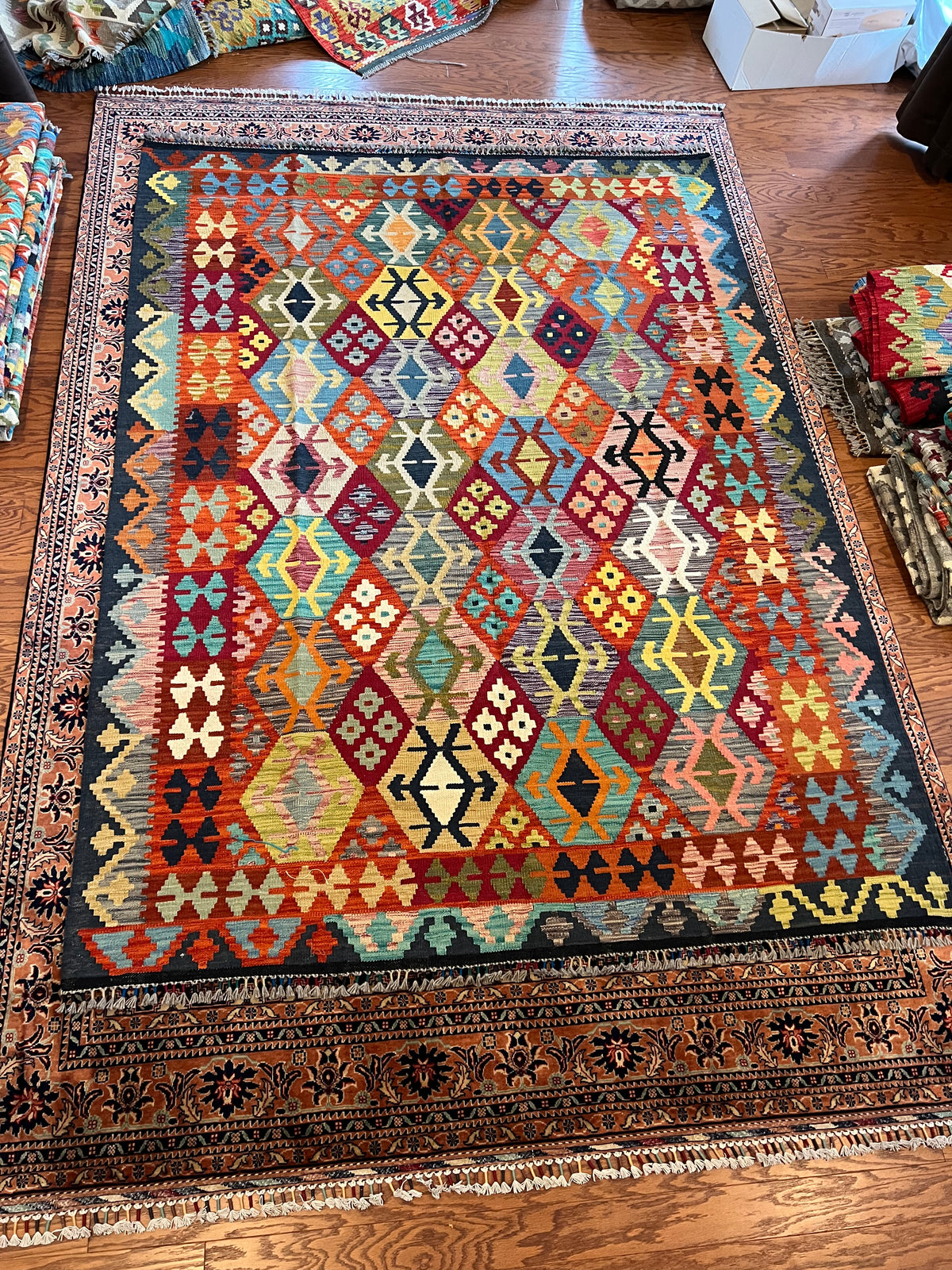 Afghan handwoven tribal living room rug / carpet 10 x 7 FT flatweave 100% wool قالین گلم افغانی اصیل